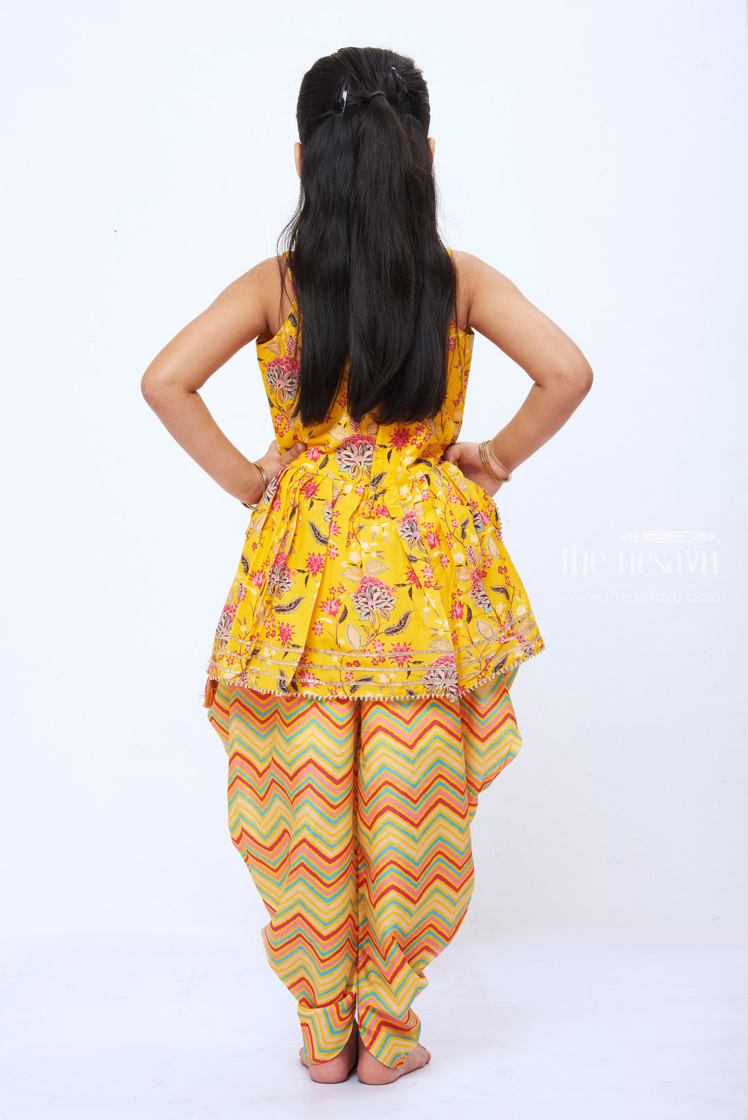 The Nesavu Girls Dothi Sets Vibrant Yellow Kurti with Chevron Dhoti Pants and Dupatta Set Nesavu Girls Ethnic Yellow Floral Kurti Pants Set | Trendy Festive Wear | The Nesavu