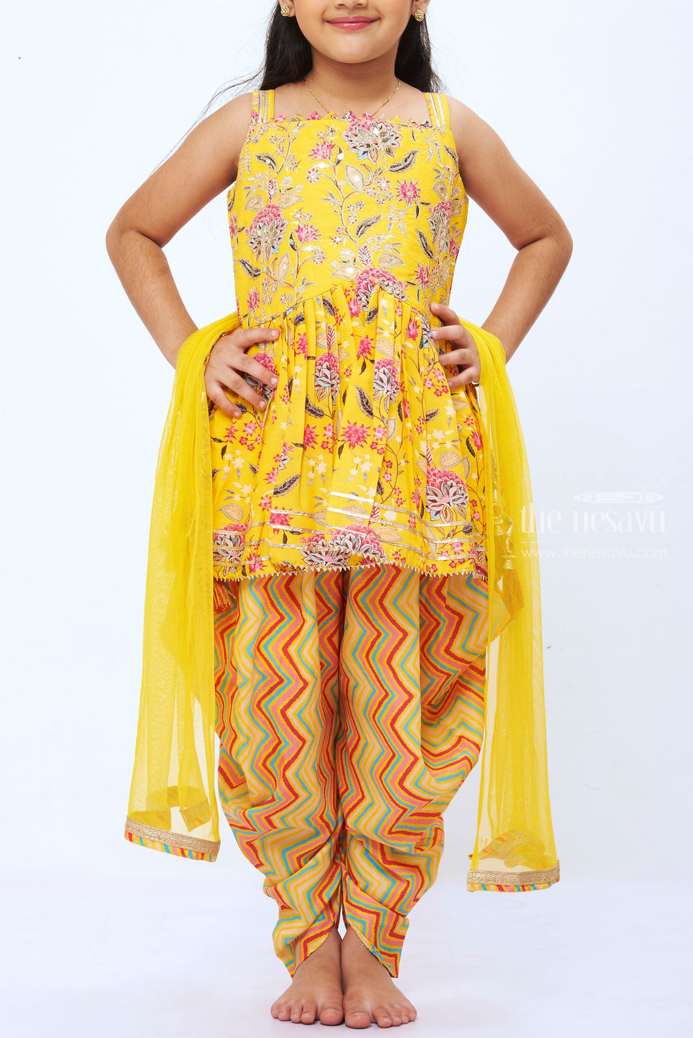 The Nesavu Girls Dothi Sets Vibrant Yellow Kurti with Chevron Dhoti Pants and Dupatta Set Nesavu Girls Ethnic Yellow Floral Kurti Pants Set | Trendy Festive Wear | The Nesavu