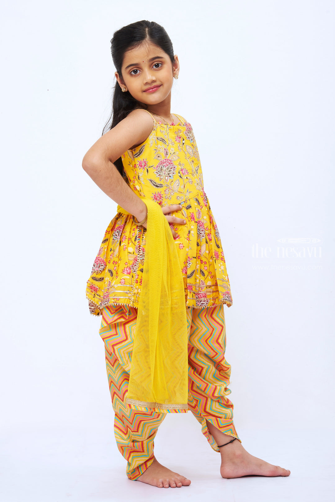 The Nesavu Girls Dothi Sets Vibrant Yellow Kurti with Chevron Dhoti Pants and Dupatta Set Nesavu Girls Ethnic Yellow Floral Kurti Pants Set | Trendy Festive Wear | The Nesavu