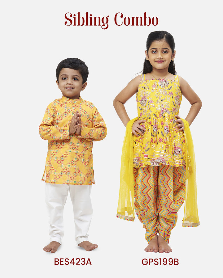 The Nesavu Girls Dothi Sets Vibrant Yellow Kurti with Chevron Dhoti Pants and Dupatta Set Nesavu Girls Ethnic Yellow Floral Kurti Pants Set | Trendy Festive Wear | The Nesavu