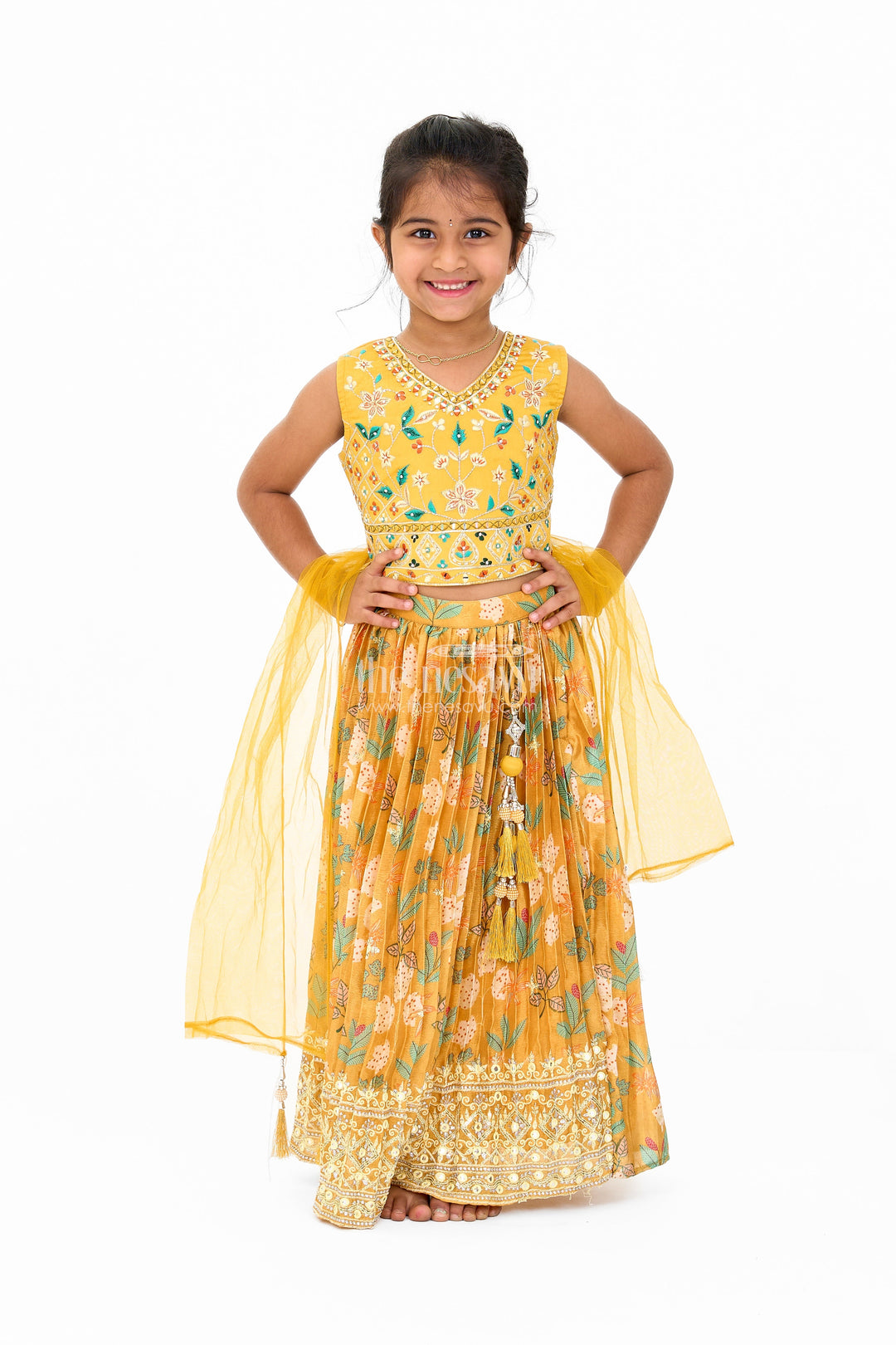 The Nesavu Girls Lehenga Choli Vibrant Yellow Lehenga for Girls with Intricate Muslin Silk Embroidery Ideal for Wedding Party Nesavu Nesavu Yellow Muslin Silk Lehenga Girls Embroidered Blouse Perfect Wedding Parties