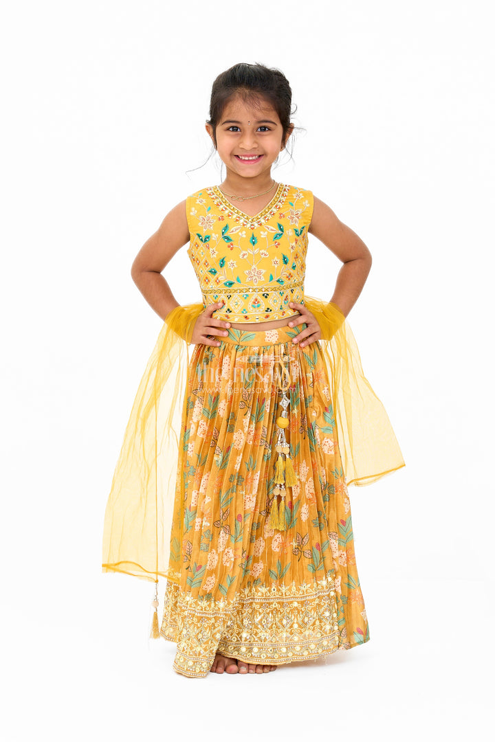 The Nesavu Girls Lehenga Choli Vibrant Yellow Lehenga for Girls with Intricate Muslin Silk Embroidery Ideal for Wedding Party Nesavu Nesavu Yellow Muslin Silk Lehenga Girls Embroidered Blouse Perfect Wedding Parties