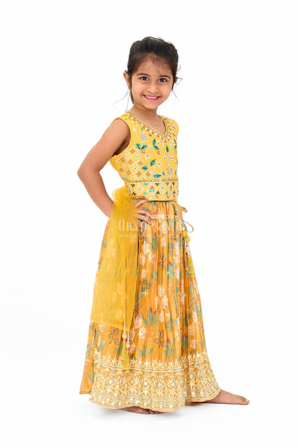 The Nesavu Girls Lehenga Choli Vibrant Yellow Lehenga for Girls with Intricate Muslin Silk Embroidery Ideal for Wedding Party Nesavu Nesavu Yellow Muslin Silk Lehenga Girls Embroidered Blouse Perfect Wedding Parties