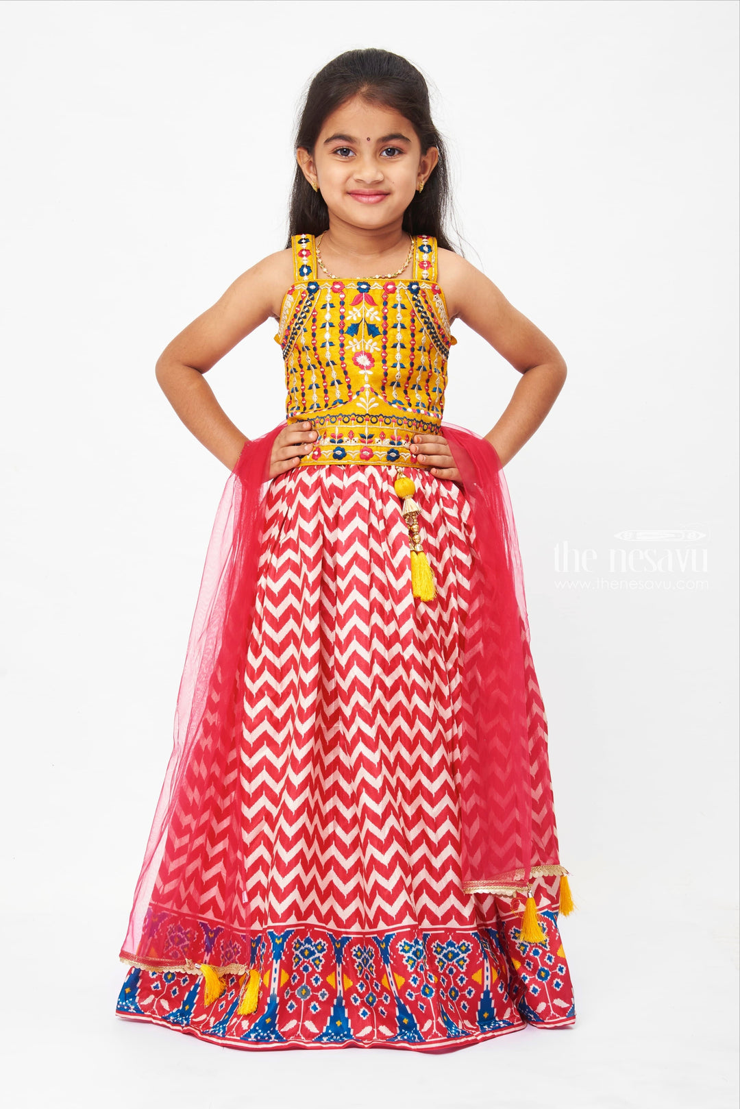 The Nesavu Girls Lehenga Choli Vibrant Yellow Top and Chevron Print Ethnic Lehenga Choli for Girls Nesavu 16 (1Y) / Yellow / Silk Blend GL396A-16 Traditional Indian Dress for kids | Cultural Festival Clothing | The Nesavu