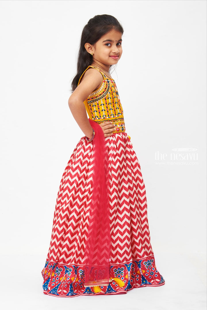 The Nesavu Girls Lehenga Choli Vibrant Yellow Top and Chevron Print Ethnic Lehenga Choli for Girls Nesavu Traditional Indian Dress for kids | Cultural Festival Clothing | The Nesavu