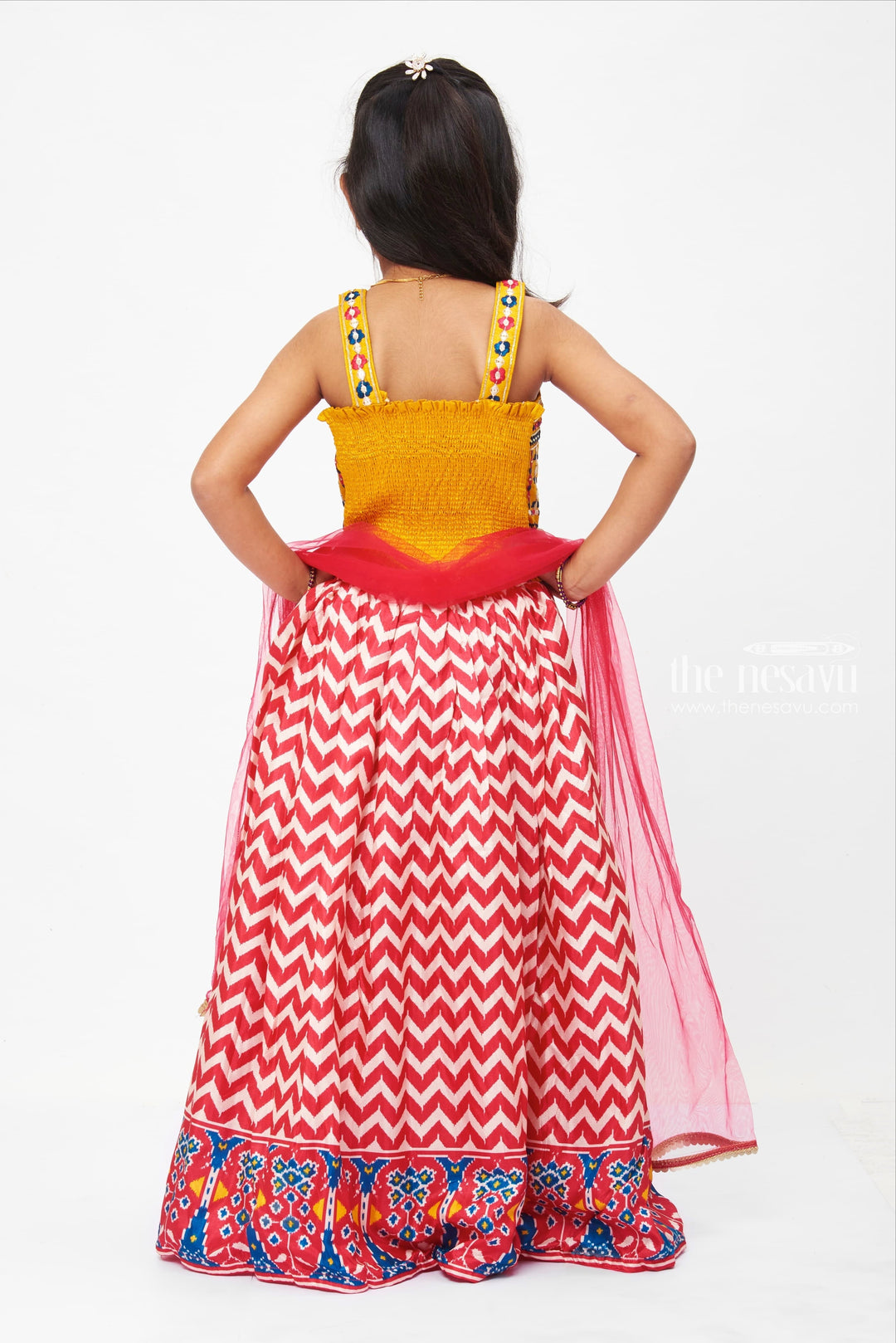 The Nesavu Girls Lehenga Choli Vibrant Yellow Top and Chevron Print Ethnic Lehenga Choli for Girls Nesavu Traditional Indian Dress for kids | Cultural Festival Clothing | The Nesavu