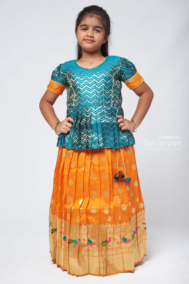 The Nesavu Pattu Pavadai Vibrant Zig Zag Green Peplum Blouse with Zari Butta Orange Pattu Pavadai: Traditional Festive Charm Nesavu 20 (3Y) / Orange / Big Border GPP304A-20 Pattu Pavadai Latest Design | Pattu Pavadai for Festivals | The Nesavu