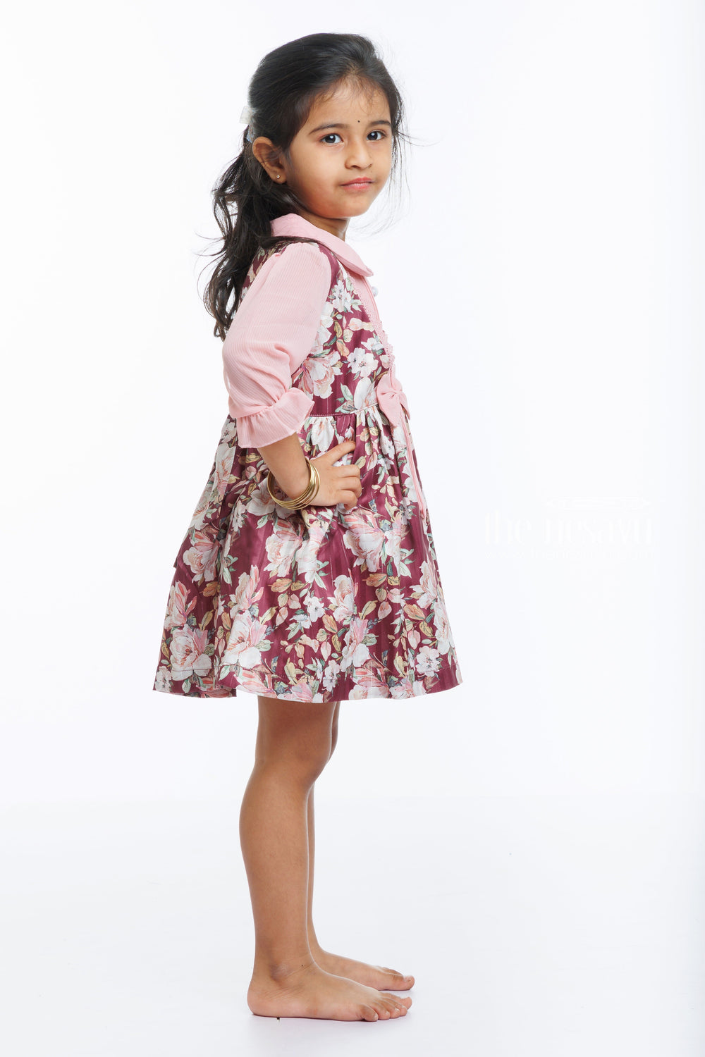 The Nesavu Girls Fancy Frock Vintage Bloom Floral Printed Fancy Frock with Bow Detail for Girls Nesavu Girls Fancy Floral Cotton Dress with Vintage Accents | The Nesavu