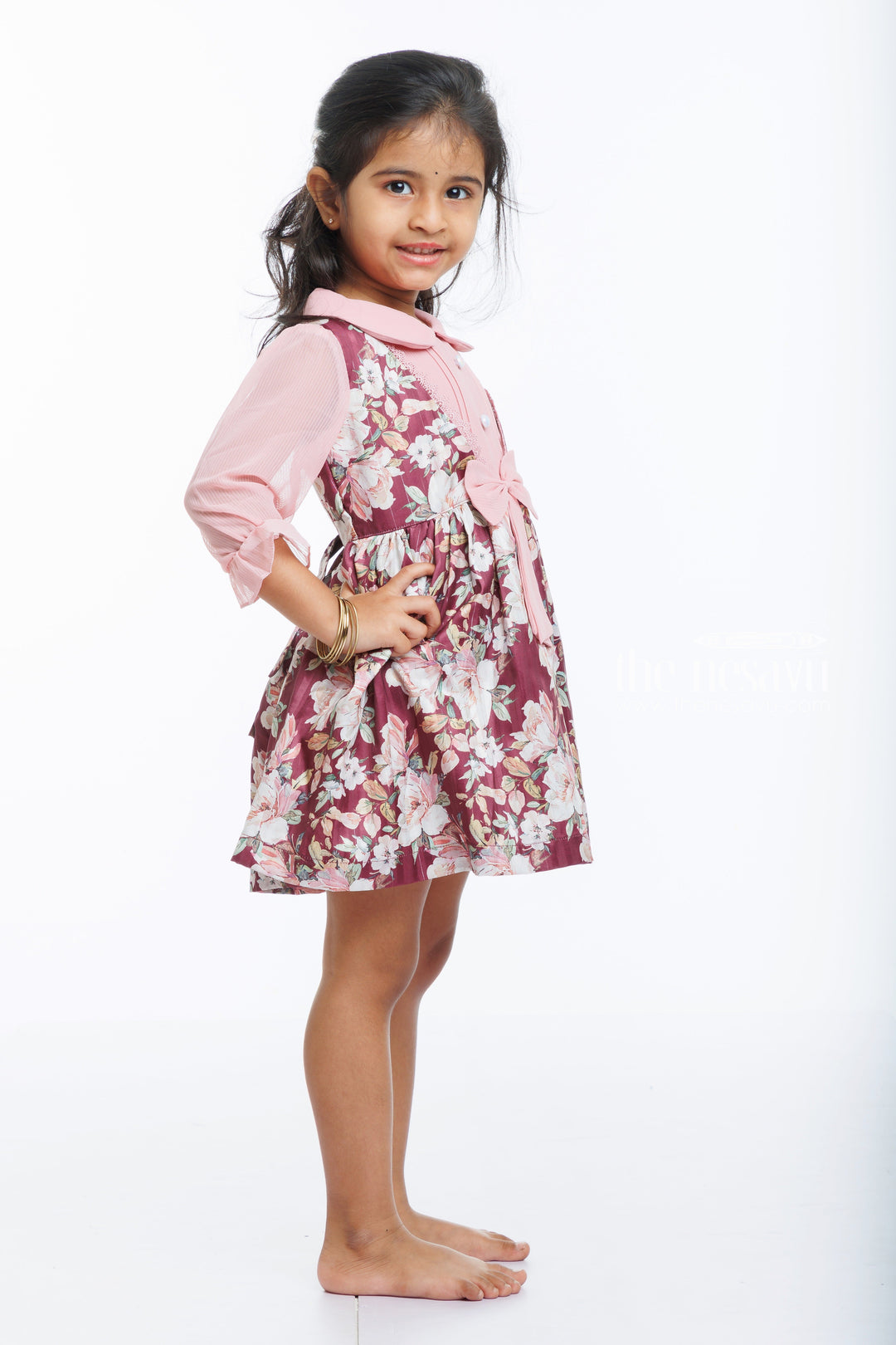 The Nesavu Girls Fancy Frock Vintage Bloom Floral Printed Fancy Frock with Bow Detail for Girls Nesavu Girls Fancy Floral Cotton Dress with Vintage Accents | The Nesavu