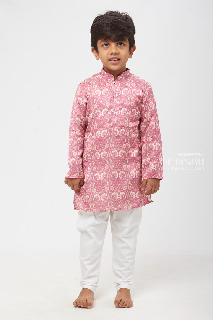The Nesavu Boys Kurtha Set Vintage Blossom: Antique Pink Floral Kurta with Classic White Pants for Boys Nesavu 12 (3M) / Pink / Modal BES410A-12 Timeless Elegance for Special Occasions | Boys Antique Pink Floral Kurta & White Pants | The Nesavu