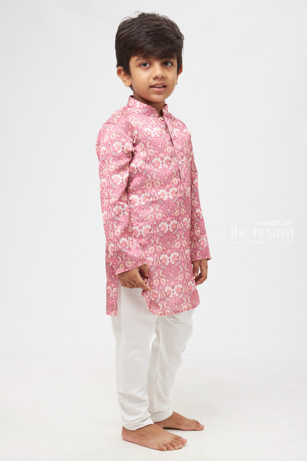 The Nesavu Boys Kurtha Set Vintage Blossom: Antique Pink Floral Kurta with Classic White Pants for Boys Nesavu Timeless Elegance for Special Occasions | Boys Antique Pink Floral Kurta & White Pants | The Nesavu