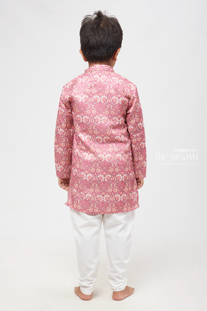 The Nesavu Boys Kurtha Set Vintage Blossom: Antique Pink Floral Kurta with Classic White Pants for Boys Nesavu Timeless Elegance for Special Occasions | Boys Antique Pink Floral Kurta & White Pants | The Nesavu