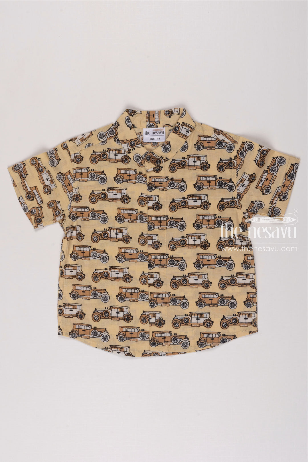 The Nesavu Boys Cotton Shirt Vintage Car Print Short Sleeve Cotton Shirt for Boys Comfortable & Stylish Nesavu 14 (6M) / Yellow / Cotton BS128A-14 Boys Vintage Car Printed Cotton Casual Shirt | Retro Inspired Kids Fashion | The Nesavu