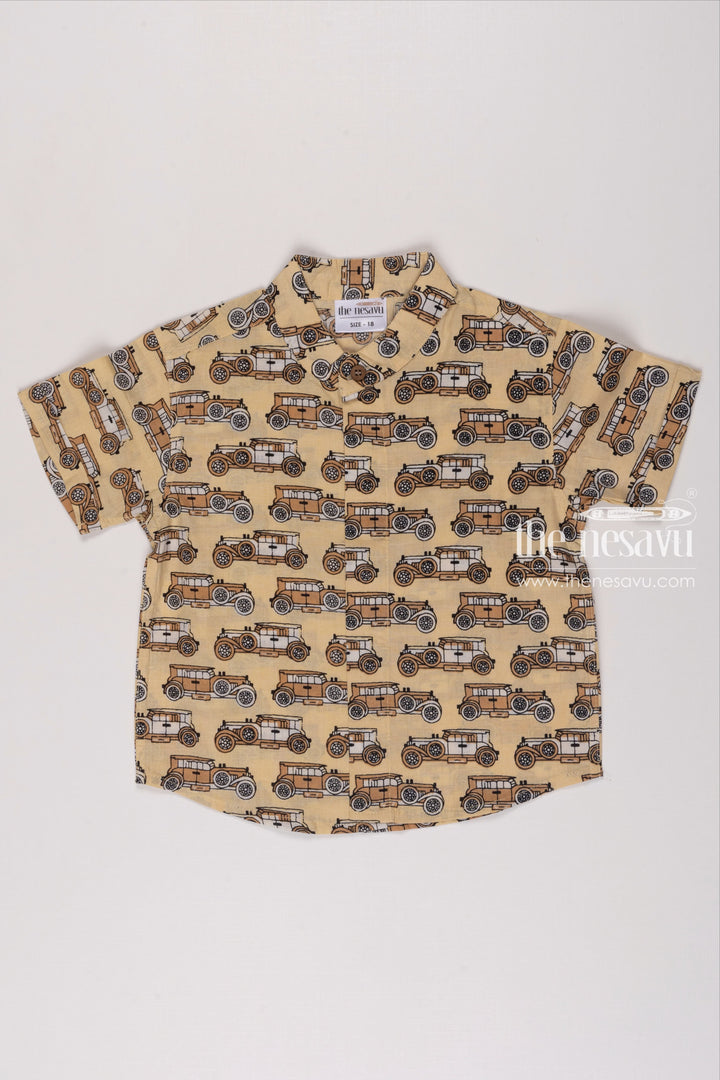 The Nesavu Boys Cotton Shirt Vintage Car Print Short Sleeve Cotton Shirt for Boys Comfortable & Stylish Nesavu 14 (6M) / Yellow / Cotton BS128A-14 Boys Vintage Car Printed Cotton Casual Shirt | Retro Inspired Kids Fashion | The Nesavu