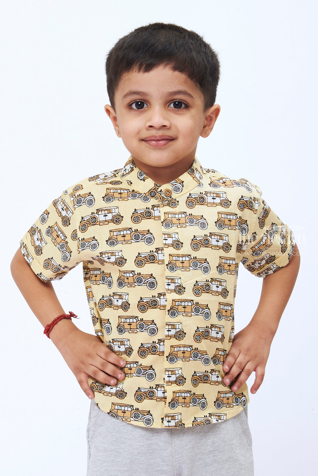 The Nesavu Boys Cotton Shirt Vintage Car Print Short Sleeve Cotton Shirt for Boys Comfortable & Stylish Nesavu 14 (6M) / Yellow / Cotton BS128A-14 Boys Vintage Car Printed Cotton Casual Shirt | Retro Inspired Kids Fashion | The Nesavu