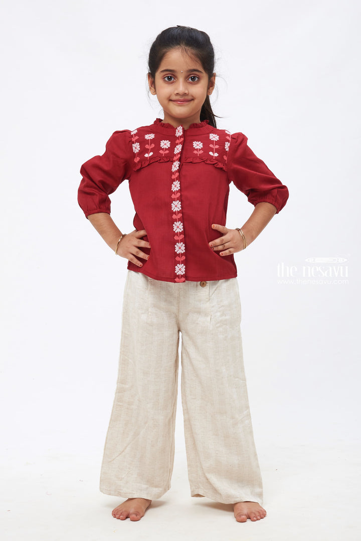 The Nesavu Girls Sharara / Plazo Set Vintage Elegance: Maroon Embroidered Blouse & Wide-Leg Culottes Set for Girls Nesavu 24 (5Y) / Maroon / Cotton GPS234B-24 Children's Festive Ensemble: Embroidered Top with Buttoned Pants | The Nesavu