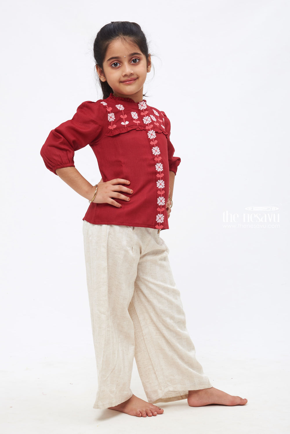 The Nesavu Girls Sharara / Plazo Set Vintage Elegance: Maroon Embroidered Blouse & Wide-Leg Culottes Set for Girls Nesavu Children's Festive Ensemble: Embroidered Top with Buttoned Pants | The Nesavu