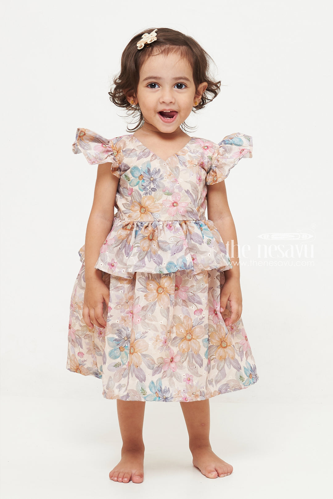 The Nesavu Girls Cotton Frock Vintage Floral Baby Dress with Ruffled Cap Sleeves Nesavu Vintage Floral Baby Dress with Ruffled Cap Sleeves | Baby Clothing