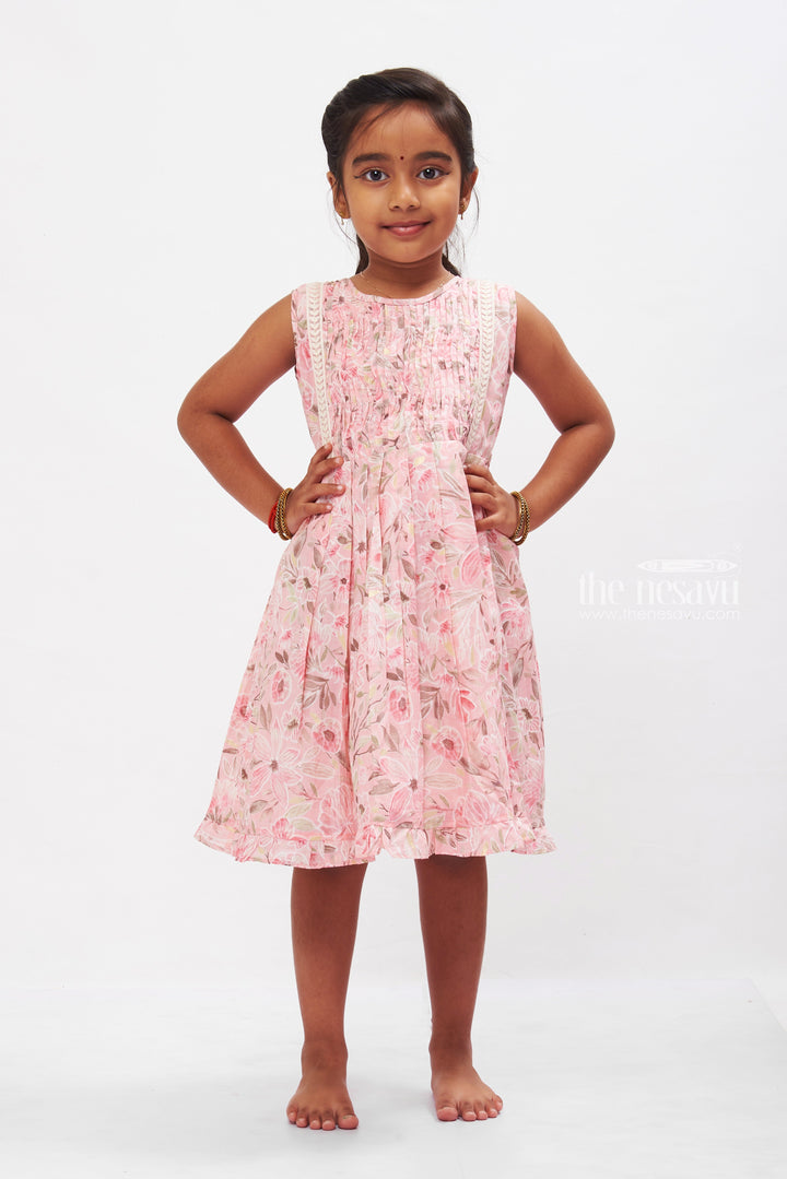 The Nesavu Girls Cotton Frock Vintage Floral Chanderi Frock for Girls: Romantic Pink with Lace Detailing Nesavu 16 (1Y) / Pink GFC1228A-16 Romantic Pink Floral Chanderi Frock | Girls' Vintage Lace Dress | The Nesavu