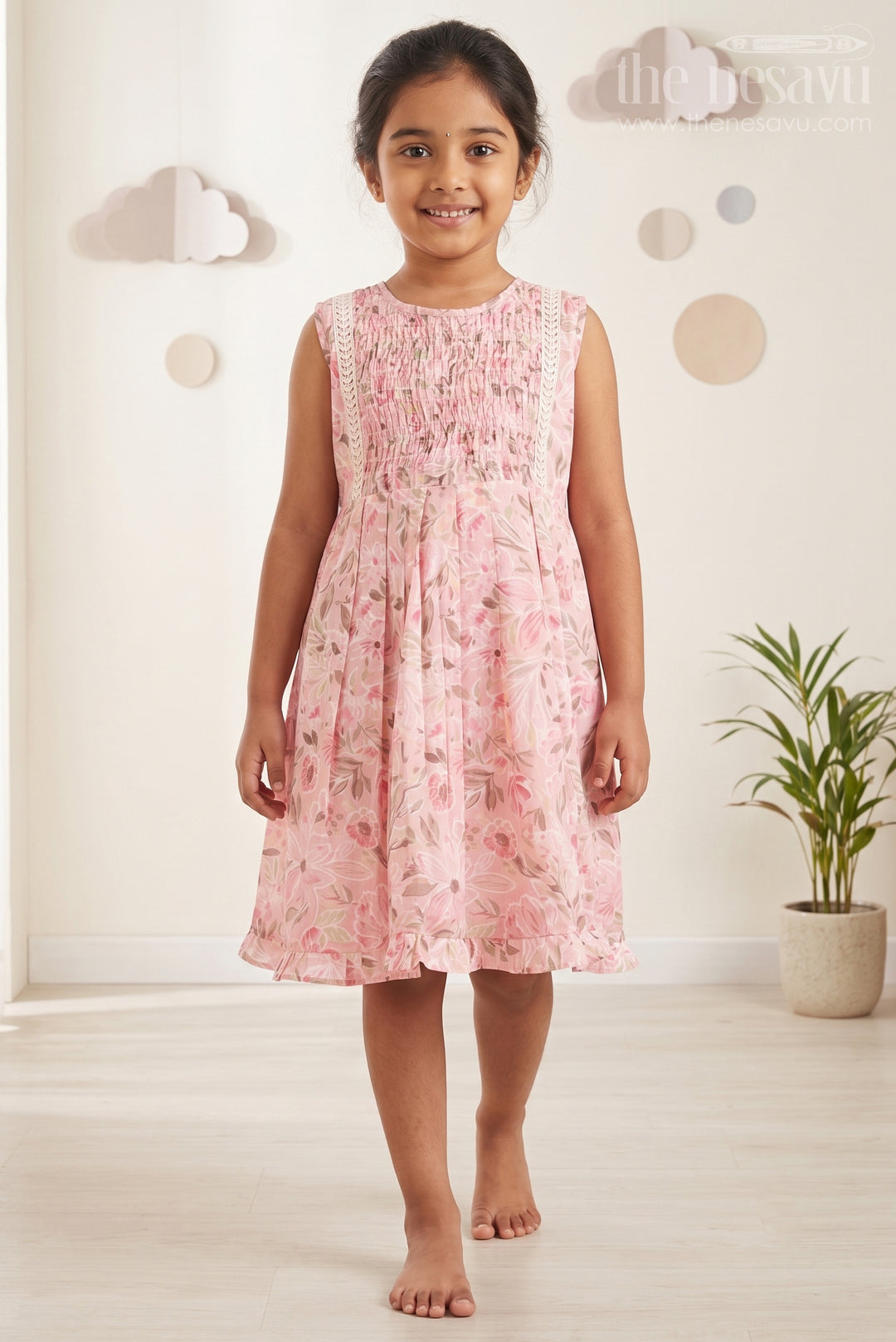 The Nesavu Girls Cotton Frock Vintage Floral Chanderi Frock for Girls: Romantic Pink with Lace Detailing Nesavu 16 (1Y) / Pink GFC1228A-16 Romantic Pink Floral Chanderi Frock | The Nesavu