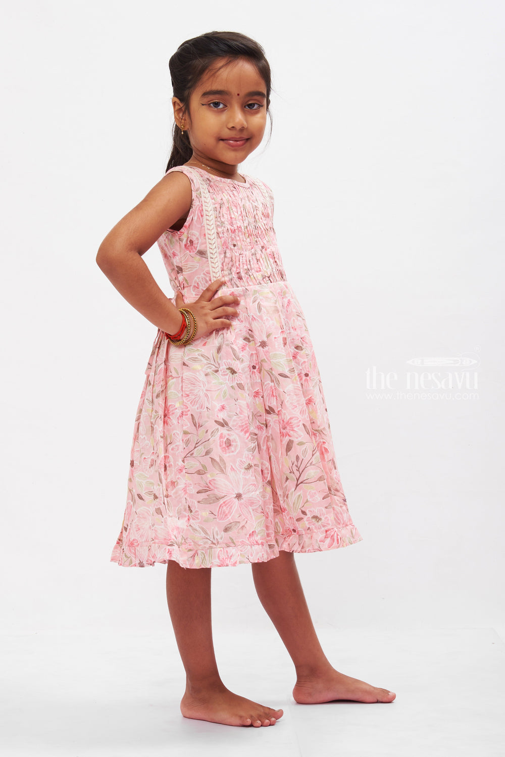 The Nesavu Girls Cotton Frock Vintage Floral Chanderi Frock for Girls: Romantic Pink with Lace Detailing Nesavu Romantic Pink Floral Chanderi Frock | Girls' Vintage Lace Dress | The Nesavu