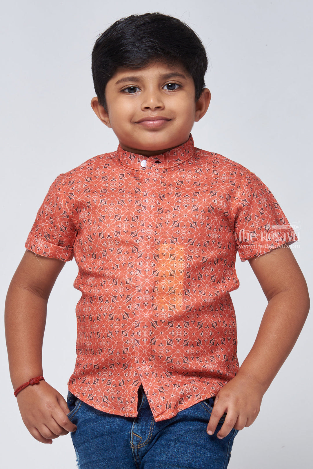 The Nesavu Boys Linen Shirt Vintage Florals: Linen Boys' Shirt with Delicate Floral Prints for a Timeless Charm Nesavu 14 (6M) / Salmon / Linen BS060-14 Linen Boys Shirt with Delicate Floral Prints | Boys Festive Dress | The Nesavu