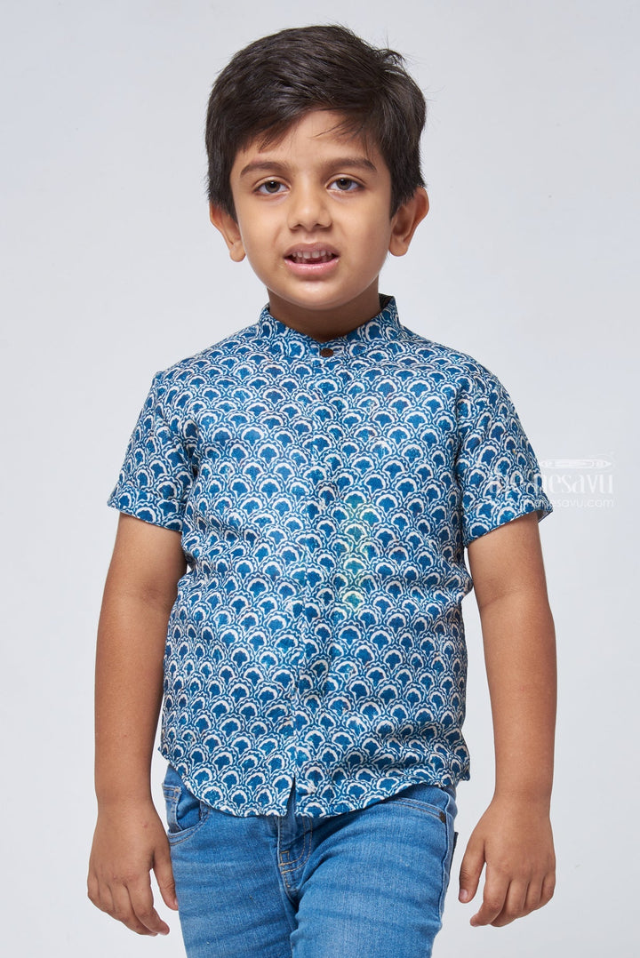 The Nesavu Boys Linen Shirt Vintage Indigo: Linen Boys' Shirt with Retro-Inspired Prints for a Nostalgic Feel Nesavu 14 (6M) / Blue / Linen BS061-14 Retro-Inspired Printed Shirt | Casual Shirt for Boys | The Nesavu