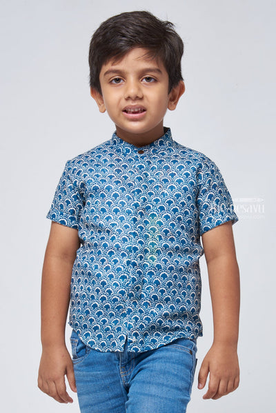 Boy's Short Sleeved Navy Blue Organic Linen Slim Fit Shirt with Shell Buttons main image 1