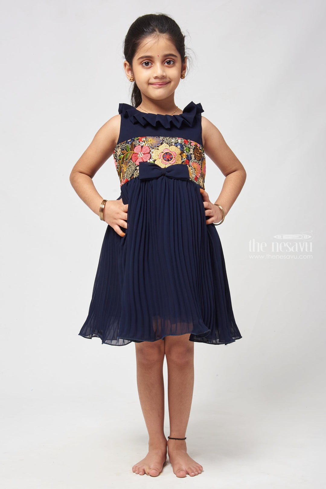 The Nesavu Girls Fancy Frock Vintage-Inspired Fancy Frock with Embroidered Bodice and Scallop Hem Nesavu 16 (1Y) / Blue / Georgette GFC1123C-16 Princess Tunic Dress For Girls - Ideal For Birthdays & Casual Events | The Nesavu