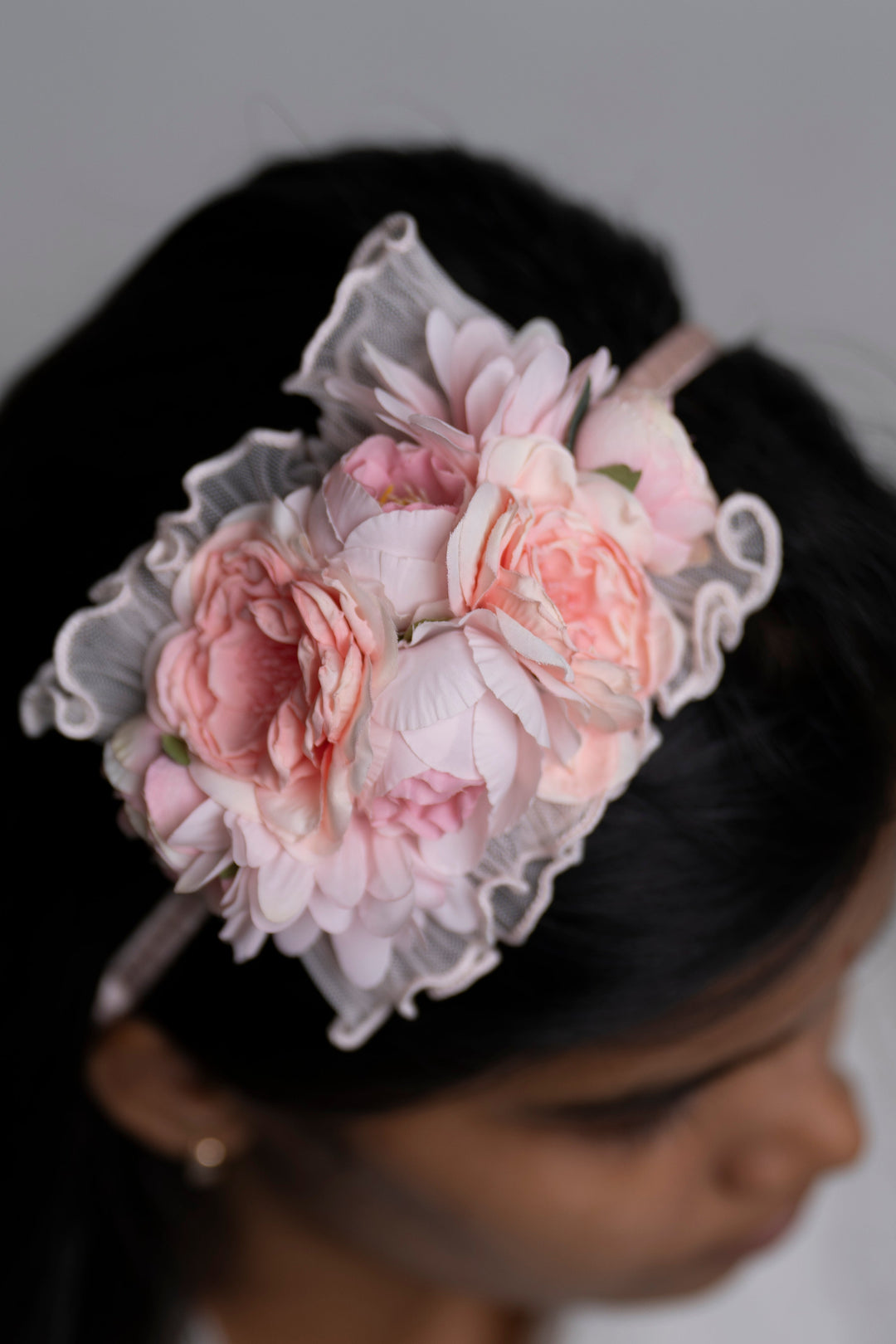 The Nesavu Hair Band Vintage Pink Peony Hairband with Lace Accents Nesavu Pink JHB81D Elegant Lace-Accented Pink Peony Hairband | Perfect Accessory for Timeless Looks | The Nesavu