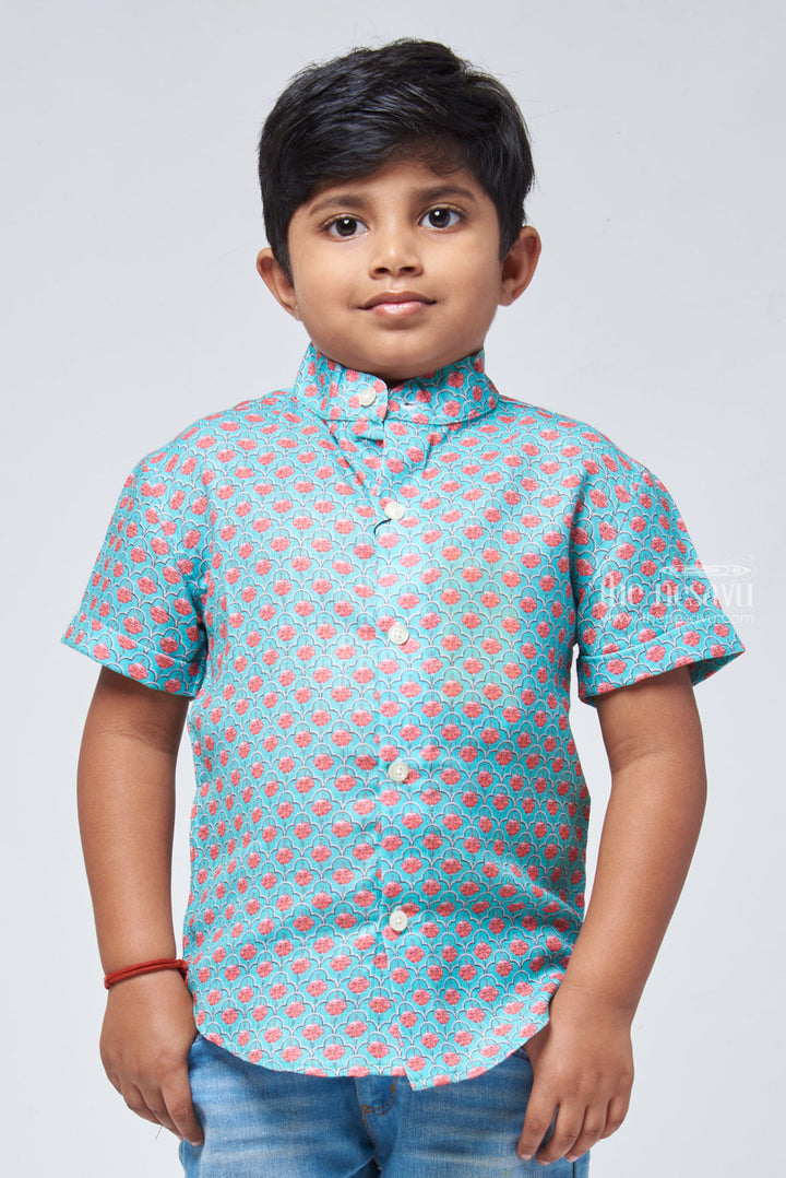 The Nesavu Boys Linen Shirt Vintage Vogue Boys Classic Shirt with a Retro Touch Nesavu 14 (6M) / Turquoise / Linen BS083A-14 Floral Printed Shirt For Boys | Jaipur Pride Linen Shirt | The Nesavu