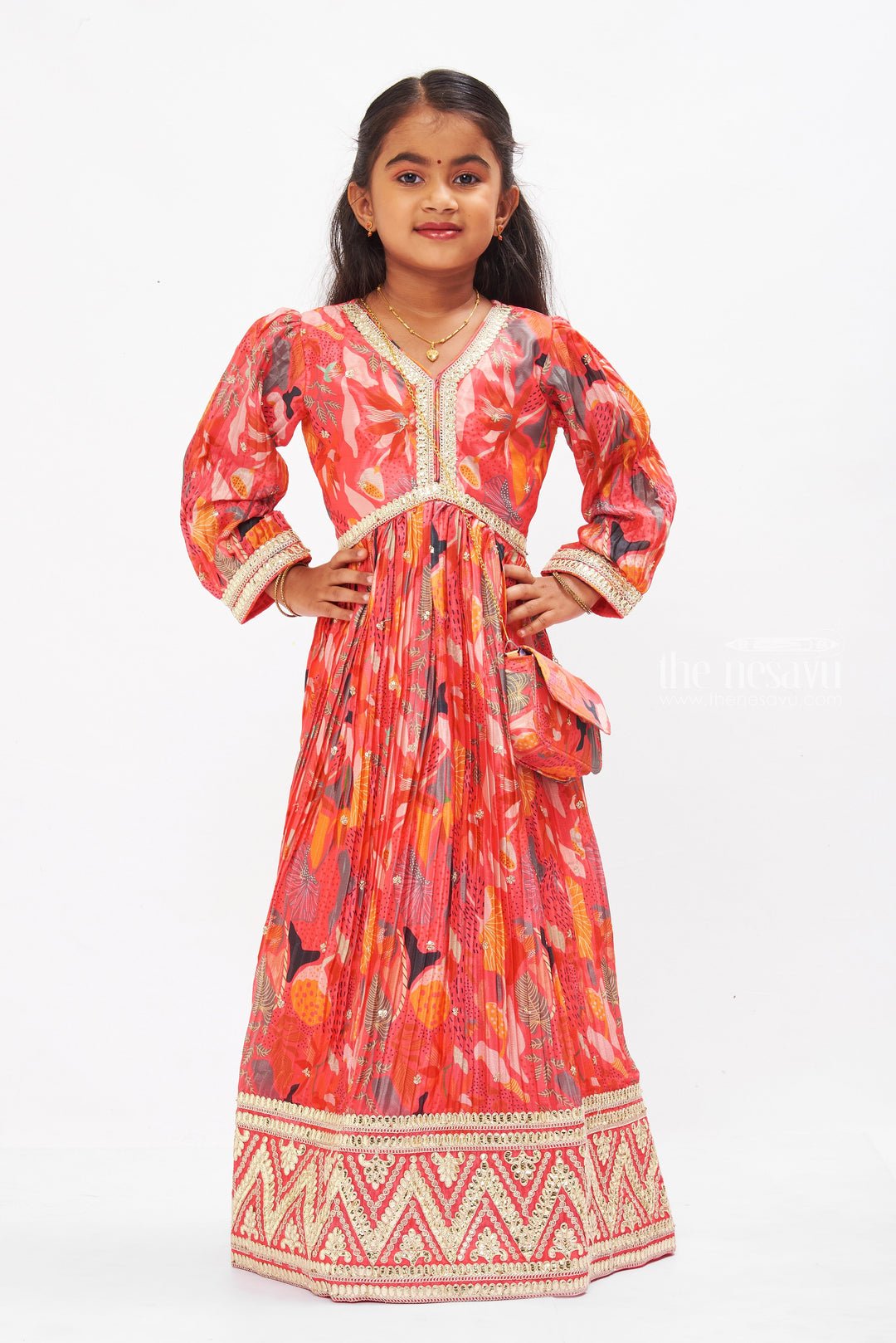 The Nesavu Girls Party Gown Vivid Ruby Aliacut Anarkali Dress: Enchanting Nature-Inspired Elegance for Girls Nesavu 24 (5Y) / Pink GA198A-24 Ruby Girls Aliacut Anarkali Dress | Coral Nature Print Elegance | The Nesavu