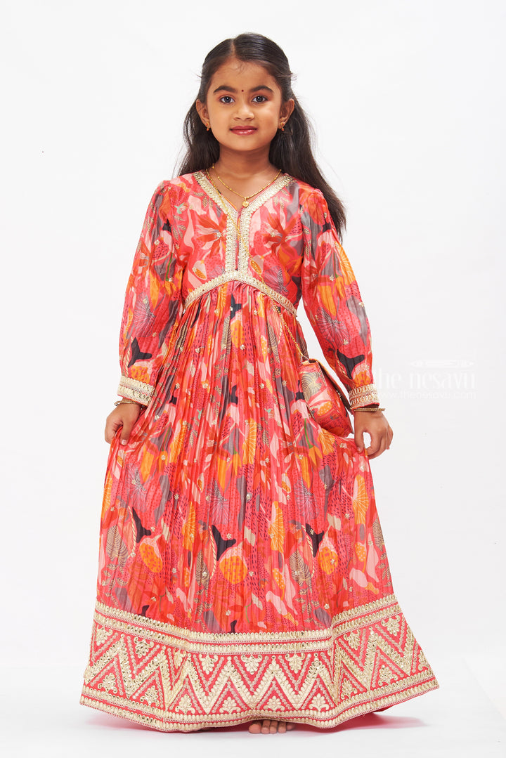 The Nesavu Girls Party Gown Vivid Ruby Aliacut Anarkali Dress: Enchanting Nature-Inspired Elegance for Girls Nesavu Ruby Girls Aliacut Anarkali Dress | Coral Nature Print Elegance | The Nesavu