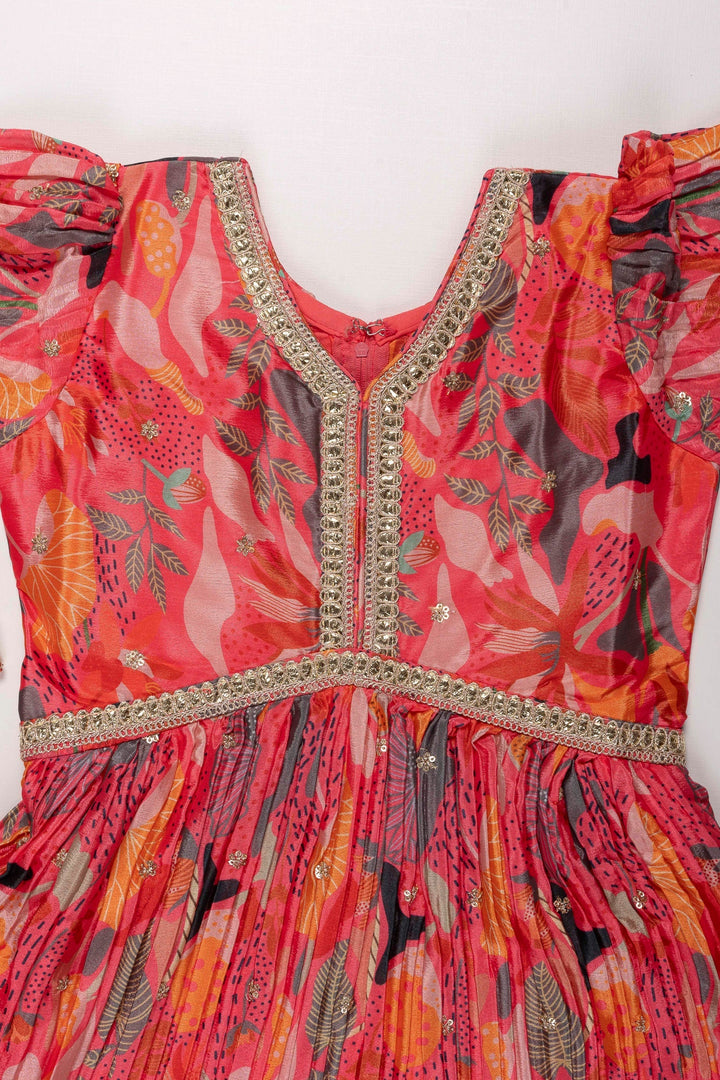 The Nesavu Girls Party Gown Vivid Ruby Aliacut Anarkali Dress: Enchanting Nature-Inspired Elegance for Girls Nesavu Ruby Girls Aliacut Anarkali Dress | Coral Nature Print Elegance | The Nesavu