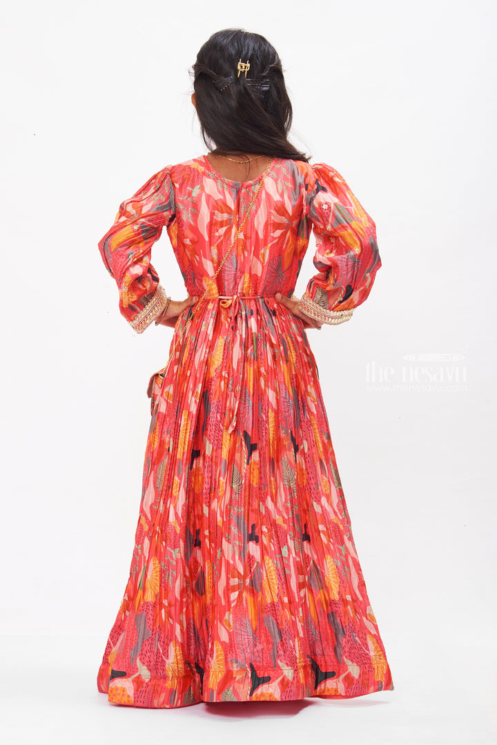 The Nesavu Girls Party Gown Vivid Ruby Aliacut Anarkali Dress: Enchanting Nature-Inspired Elegance for Girls Nesavu Ruby Girls Aliacut Anarkali Dress | Coral Nature Print Elegance | The Nesavu