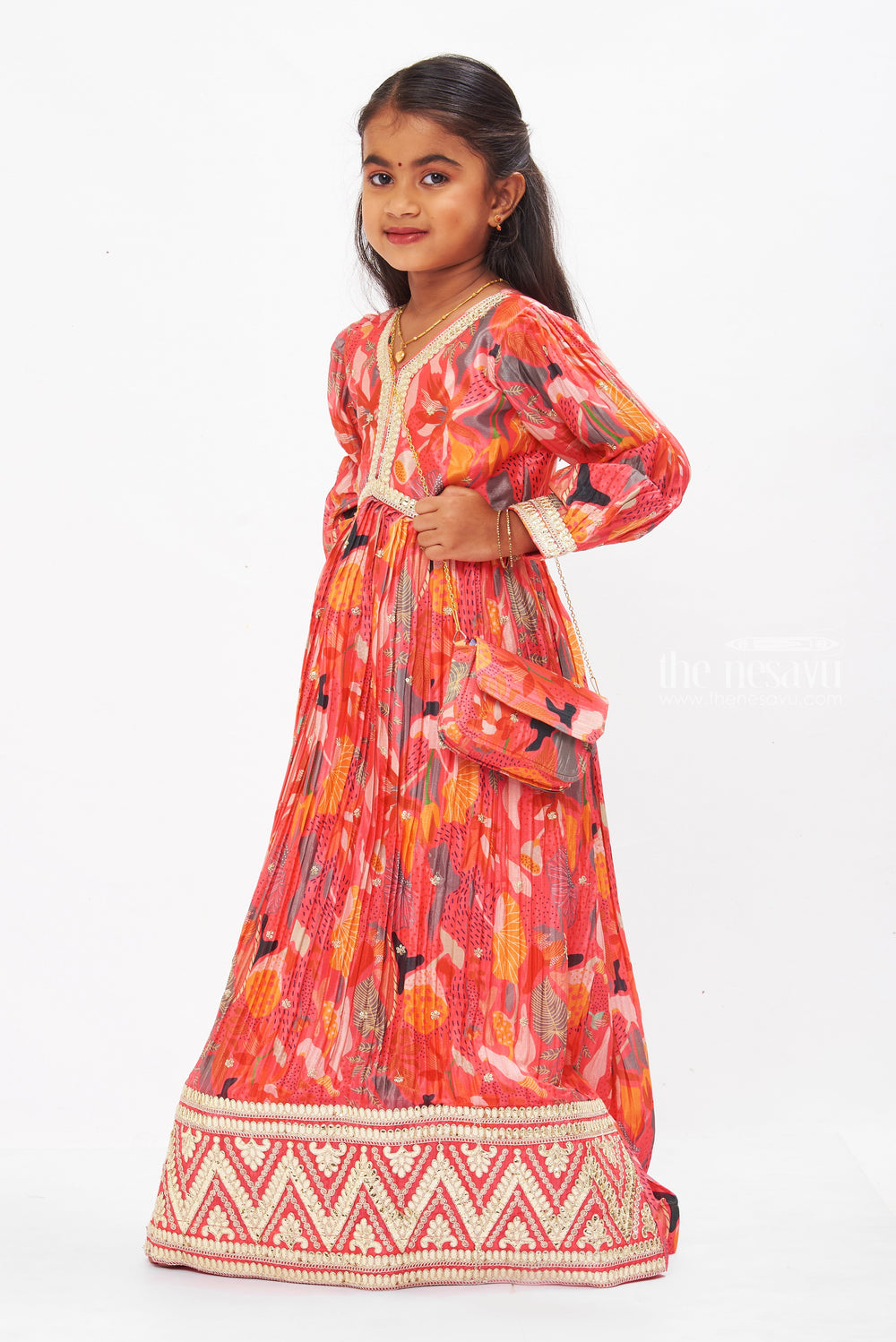 The Nesavu Girls Party Gown Vivid Ruby Aliacut Anarkali Dress: Enchanting Nature-Inspired Elegance for Girls Nesavu Ruby Girls Aliacut Anarkali Dress | Coral Nature Print Elegance | The Nesavu