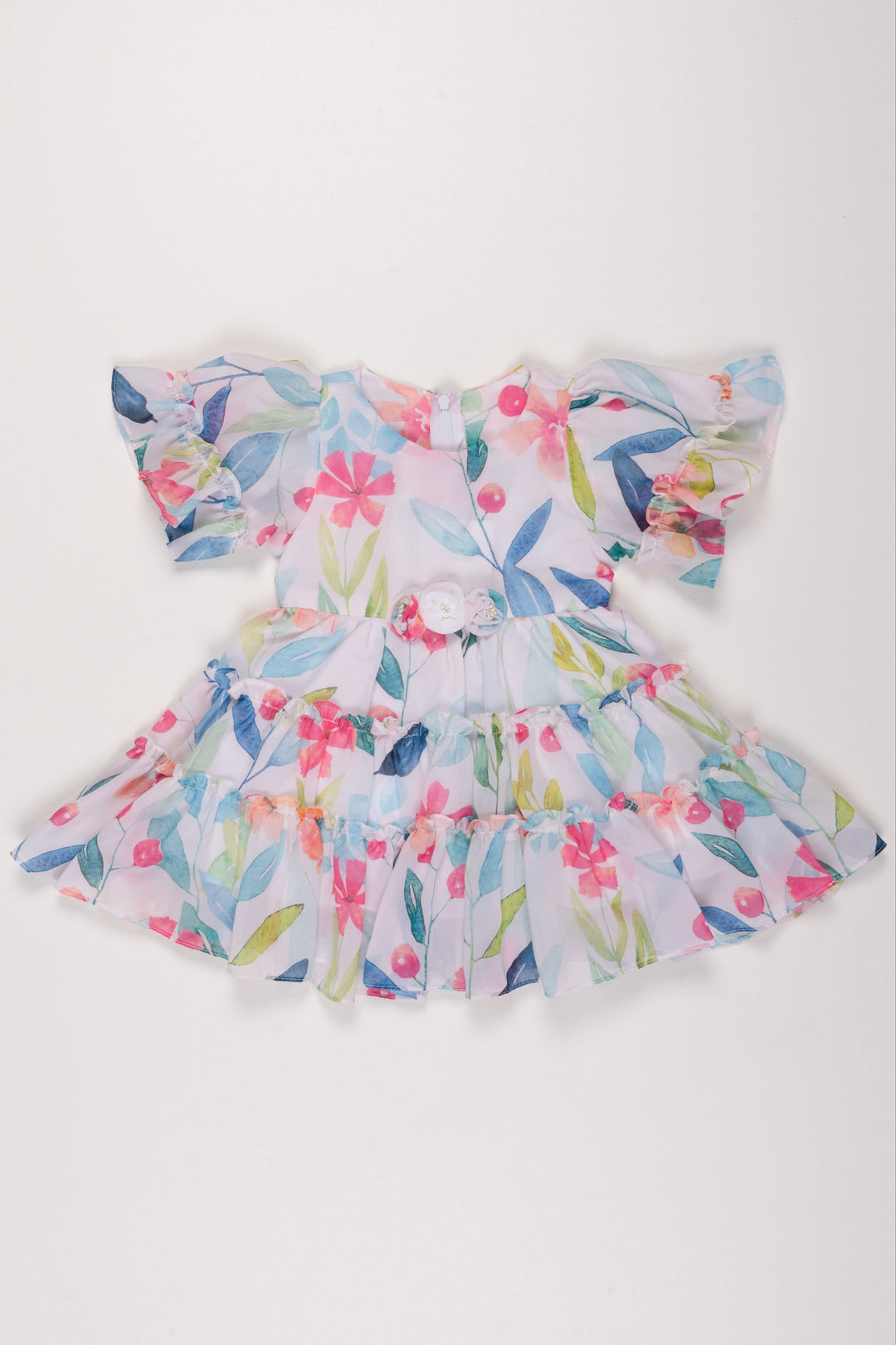 The Nesavu Girls Fancy Frock Watercolor Garden Party Frock: Vibrant Floral Print Dress for Girls with Flutter Sleeves Nesavu 16 (1Y) / White GFC1188A-16 Girls Flutter Sleeve Floral Dress | Watercolor Print Summer Frock | Festive Kids Wear