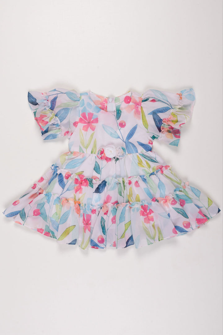 The Nesavu Girls Fancy Frock Watercolor Garden Party Frock: Vibrant Floral Print Dress for Girls with Flutter Sleeves Nesavu 16 (1Y) / White GFC1188A-16 Girls Flutter Sleeve Floral Dress | Watercolor Print Summer Frock | Festive Kids Wear