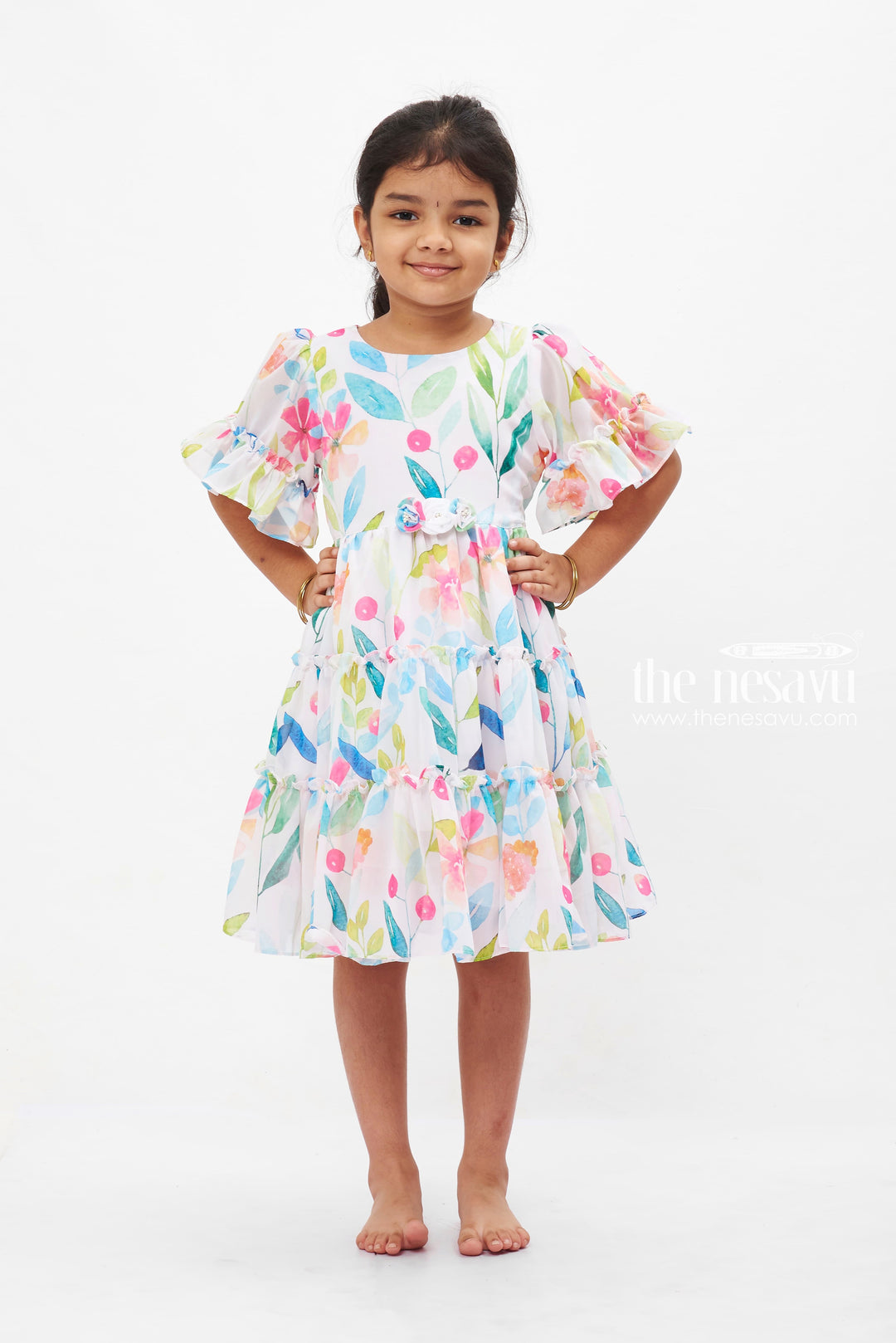 The Nesavu Girls Fancy Frock Watercolor Garden Party Frock: Vibrant Floral Print Dress for Girls with Flutter Sleeves Nesavu 16 (1Y) / White GFC1188A-16 Girls Flutter Sleeve Floral Dress | Watercolor Print Summer Frock | Festive Kids Wear