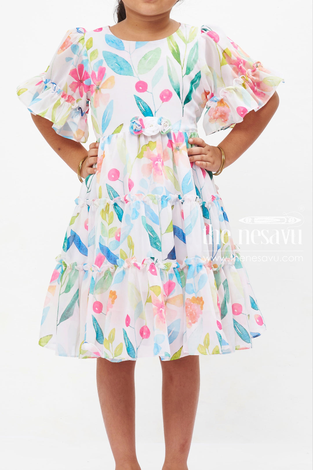 The Nesavu Girls Fancy Frock Watercolor Garden Party Frock: Vibrant Floral Print Dress for Girls with Flutter Sleeves Nesavu Girls Flutter Sleeve Floral Dress | Watercolor Print Summer Frock | Festive Kids Wear