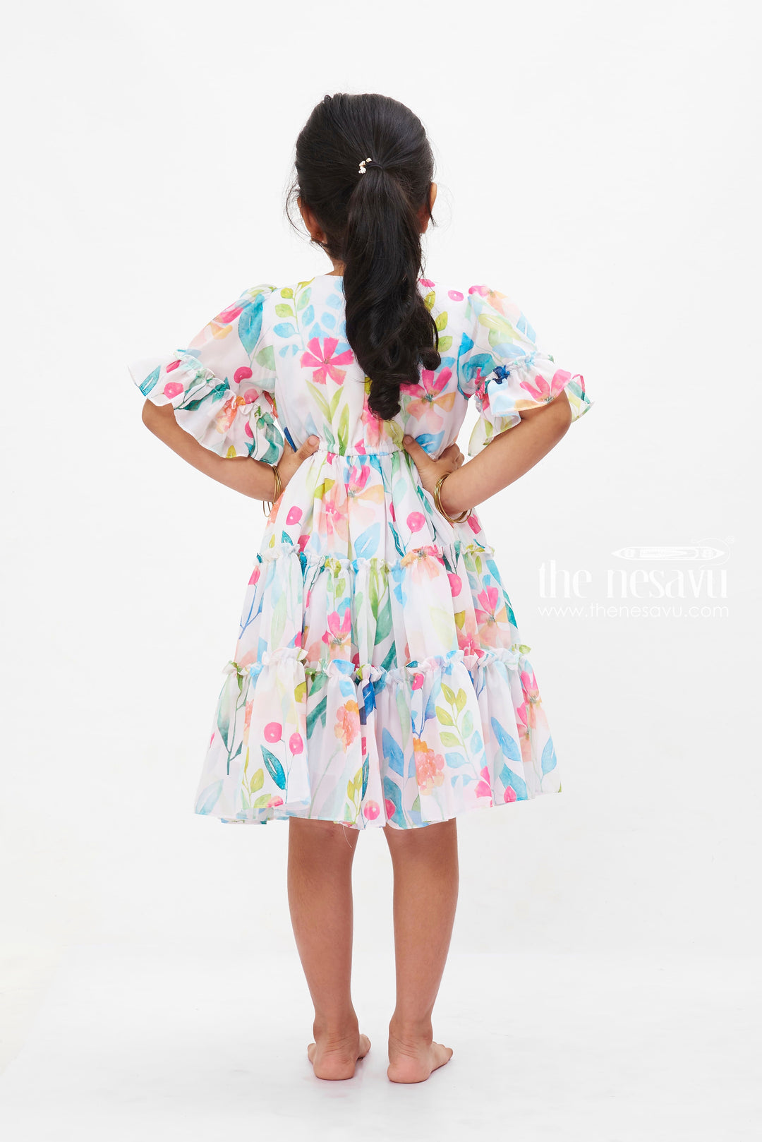 The Nesavu Girls Fancy Frock Watercolor Garden Party Frock: Vibrant Floral Print Dress for Girls with Flutter Sleeves Nesavu Girls Flutter Sleeve Floral Dress | Watercolor Print Summer Frock | Festive Kids Wear