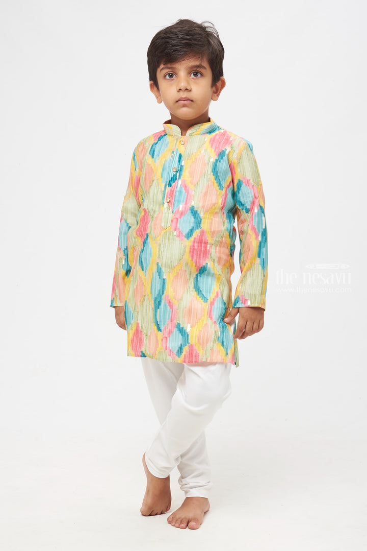 The Nesavu Boys Kurtha Set Watercolor Palette: Vibrant Brush Stroke Patterned Kurta with Crisp White Pants for Boys Nesavu 12 (3M) / multicolor / Modal BES409A-12 Modern Artistic Patterns for Festive & Casual Wear | Boys Kurta with Pant Set | The Nesavu