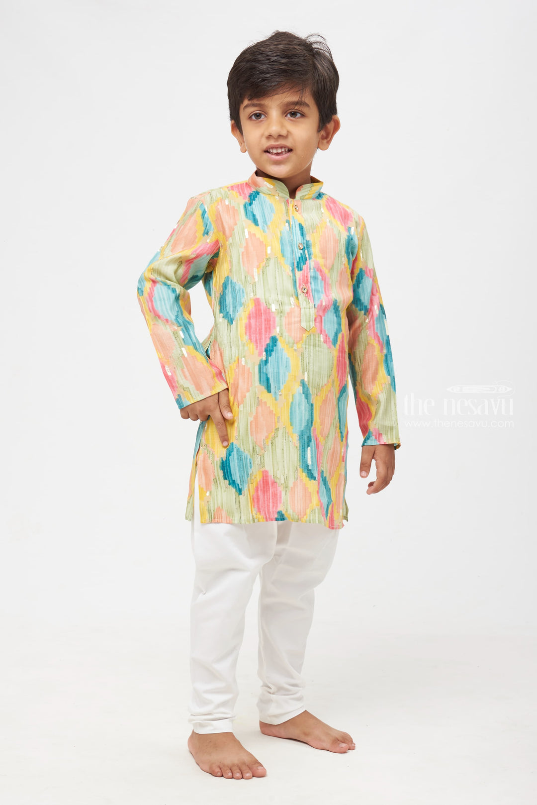 The Nesavu Boys Kurtha Set Watercolor Palette: Vibrant Brush Stroke Patterned Kurta with Crisp White Pants for Boys Nesavu Modern Artistic Patterns for Festive & Casual Wear | Boys Kurta with Pant Set | The Nesavu