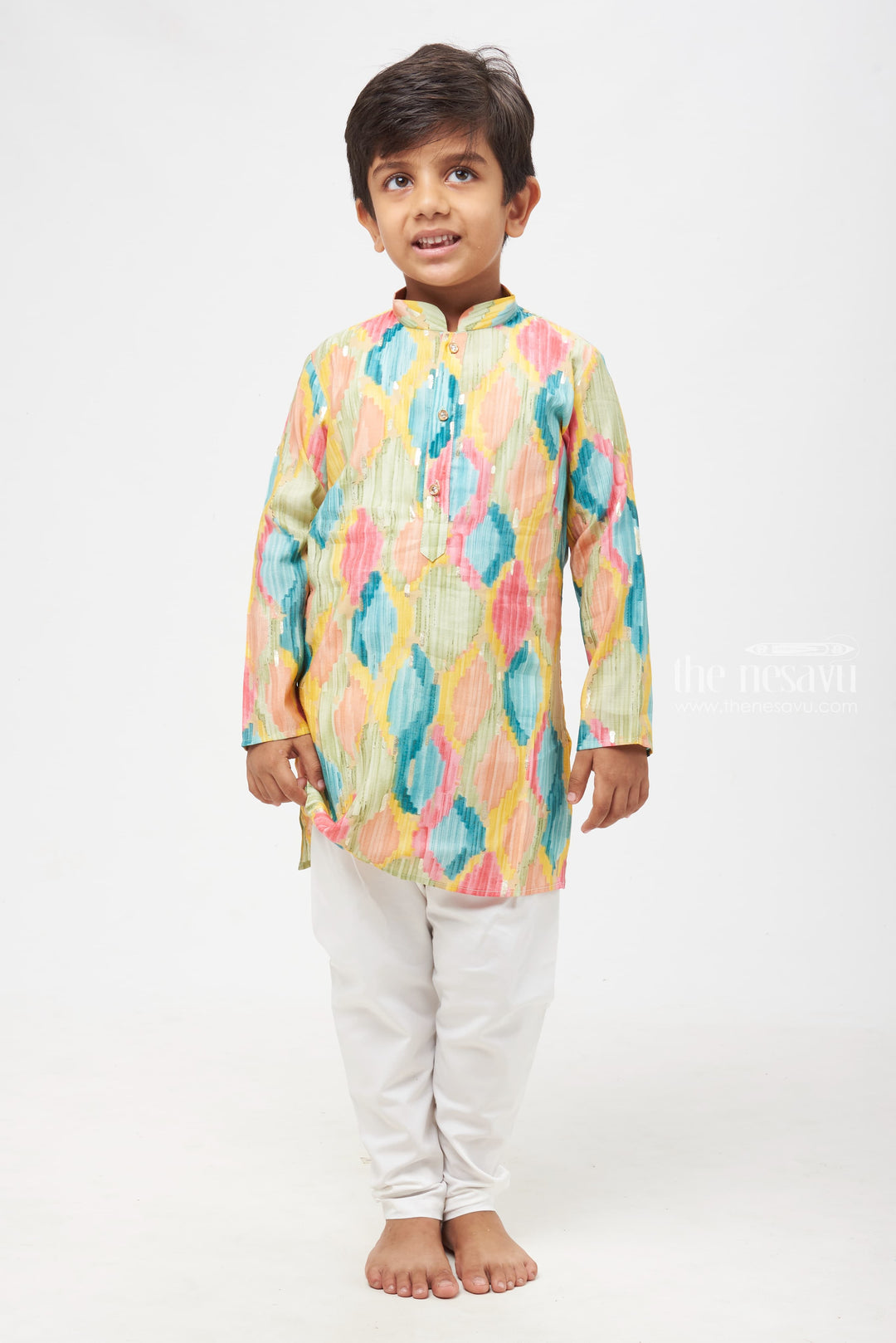 The Nesavu Boys Kurtha Set Watercolor Palette: Vibrant Brush Stroke Patterned Kurta with Crisp White Pants for Boys Nesavu Modern Artistic Patterns for Festive & Casual Wear | Boys Kurta with Pant Set | The Nesavu