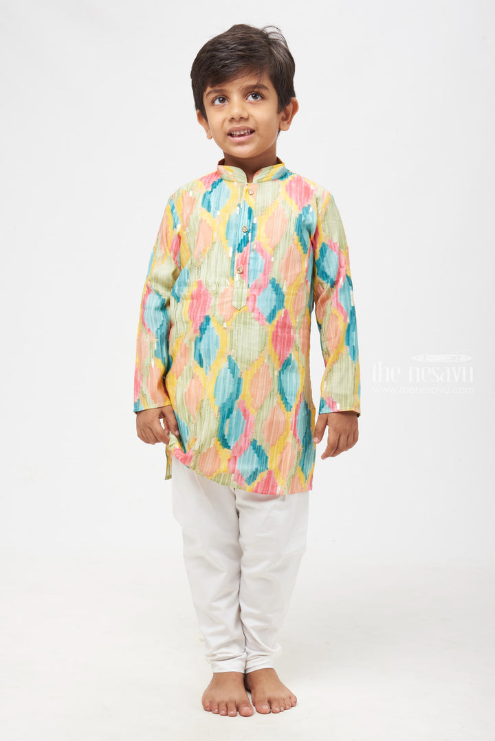 The Nesavu Boys Kurtha Set Watercolor Palette: Vibrant Brush Stroke Patterned Kurta with Crisp White Pants for Boys Nesavu Modern Artistic Patterns for Festive & Casual Wear | Boys Kurta with Pant Set | The Nesavu