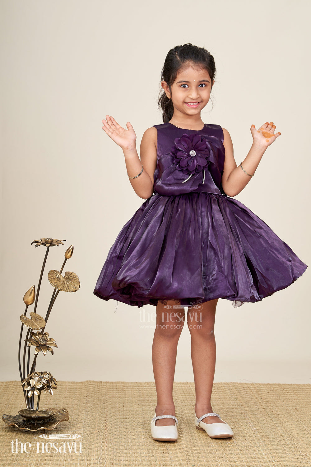 The Nesavu Girls Fancy Party Frock Wedding Party Frock For Girls Designer Satin Dress Nesavu 16 (1Y) / Purple PF232A-16 Nesavu Purple Girls Satin Wedding Frock One Shoulder Floral Detail Layered Bow Design