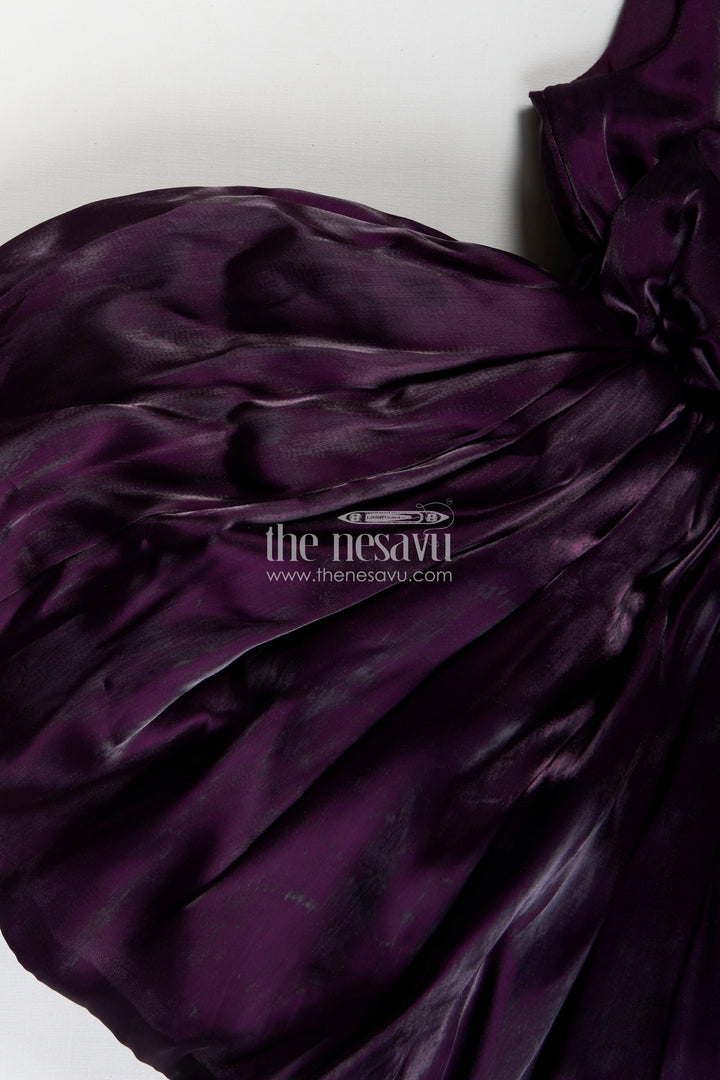 The Nesavu Girls Fancy Party Frock Wedding Party Frock For Girls Designer Satin Dress Nesavu Nesavu Purple Girls Satin Wedding Frock One Shoulder Floral Detail Layered Bow Design