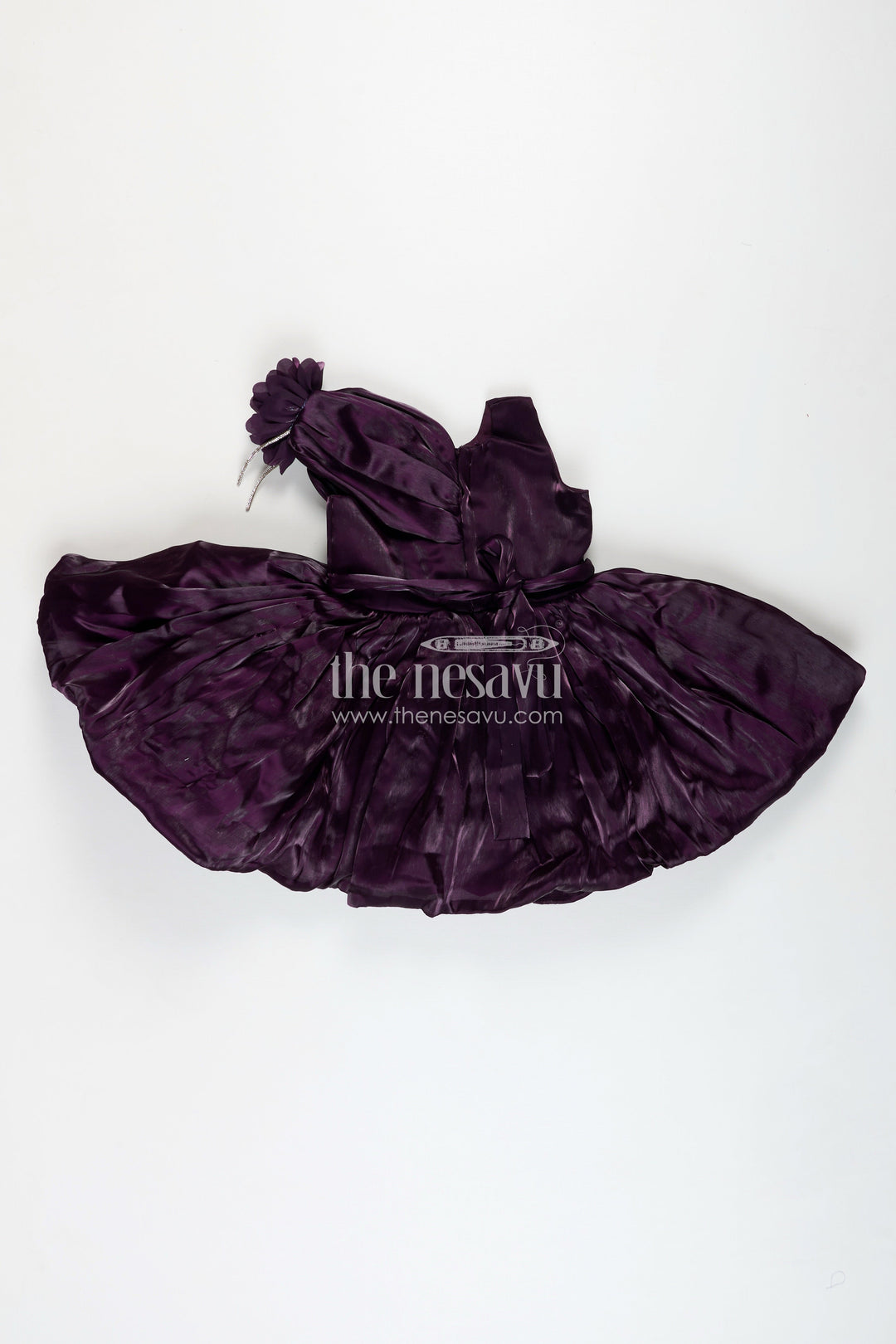 The Nesavu Girls Fancy Party Frock Wedding Party Frock For Girls Designer Satin Dress Nesavu Nesavu Purple Girls Satin Wedding Frock One Shoulder Floral Detail Layered Bow Design