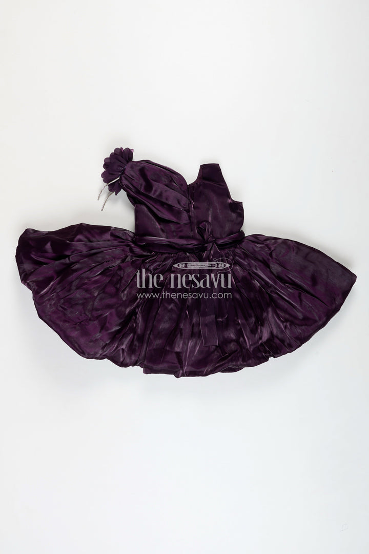 The Nesavu Girls Fancy Party Frock Wedding Party Frock For Girls Designer Satin Dress Nesavu Nesavu Purple Girls Satin Wedding Frock One Shoulder Floral Detail Layered Bow Design