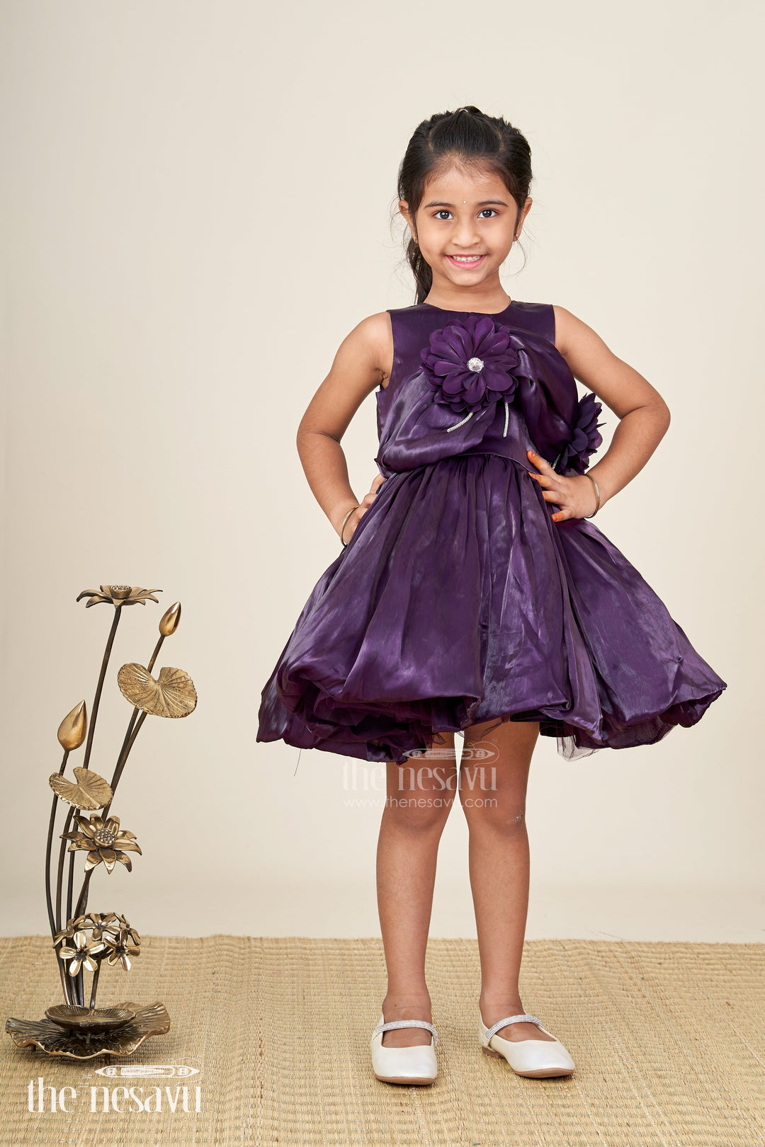 The Nesavu Girls Fancy Party Frock Wedding Party Frock For Girls Designer Satin Dress Nesavu Nesavu Purple Girls Satin Wedding Frock One Shoulder Floral Detail Layered Bow Design